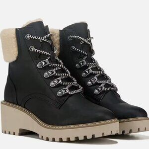 DV DOLCE VITA Russit Ankle Boots Womens 11 Lug Sole Black Beige Faux Fur